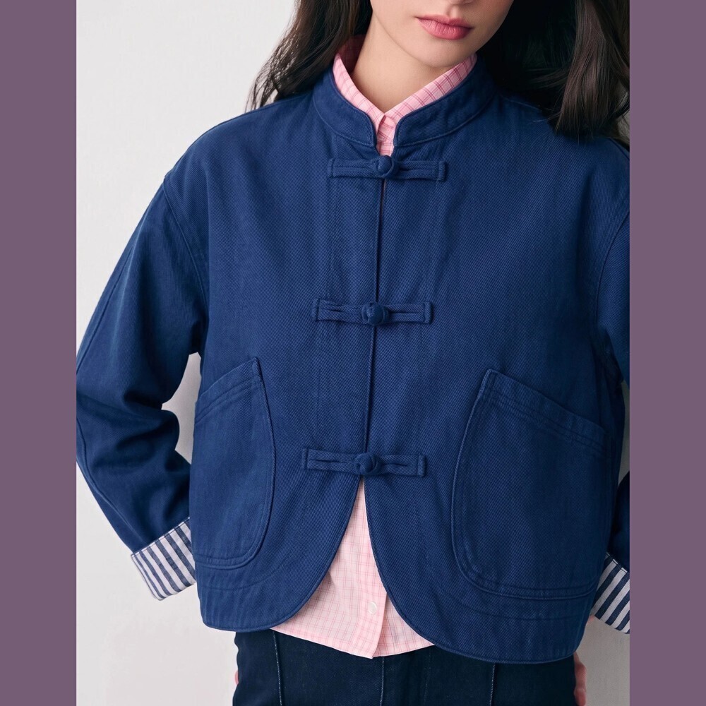 Navy Denim Round Cropped Jacket with Frog Toggle Closures - Picture 2 of 7
